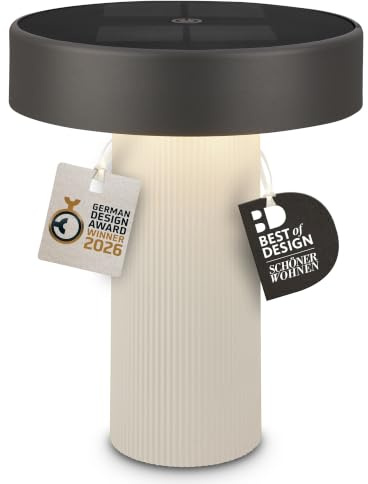 BRILONER – Poga laddningsbar LED-bord, solpanel, steglös pekdimmer, IP44, USB-C, nattlampa, batterilampa, tysk designprisvinnare 2026, 16 x 20 cm, benvit antracit