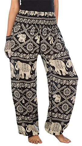 Lofbaz Harem Pants for Women Yoga Boho Hippie Clothing Palazzo Bohemian Beach Trousers Maternity Pajama Indian Gypsy Travel Clothes - Elephant 1 Black XL