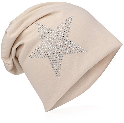 Miobo Jersey slouch beanie lång mössa stjärna med strass applikation unisex enfärgad män kvinnor trend, Beige, En Storlek