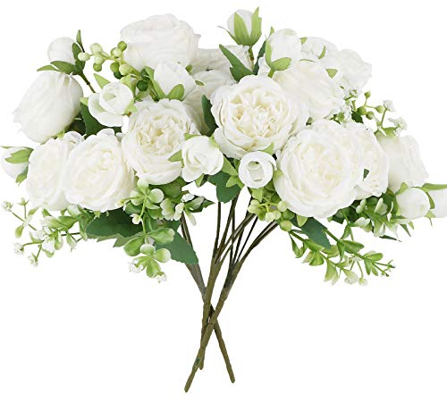 VINFUTUR 3 Bündel Kunstblumen Künstliche Pfingstrosen Blumenstrauß Künstliche Blumen Seidenblumen für Hochzeit Brautstrauß Home Blumenarrangements Tischdeko