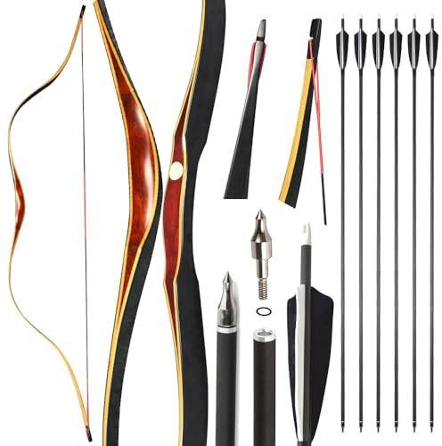 SHARROW Traditioneller Bogen Set 20-50lbs Recurve Bogen Set Reiterbogen Langbogen Bogenschießen Set Handgemacht Holzbogen Sportbogen Jagdbogen für Erwachsene und Anfänger (Typ 1, 35Lbs)