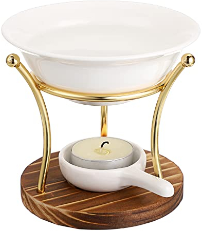 BSTKEY Metal Wooden Wax Melt Burner Essential Oil Burner with Ceramic Bowl, Decorative Aroma Diffuser Wax Burner Tealight Candle Holder Burner