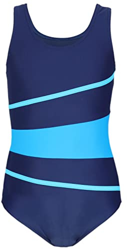 Aquarti Mädchen Badeanzug mit Ringerrücken – Sport Badeanzug Mädchen, Chlorresistent, Farbe: 026A Dunkelblau/Türkis/Himmelblau, Größe: 164
