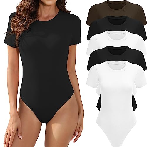 MLYENX 5 Pack Body Suits for Womens Short Sleeve Round Neck Casual Stretchy Basic T Shirt Bodysuit Tops L