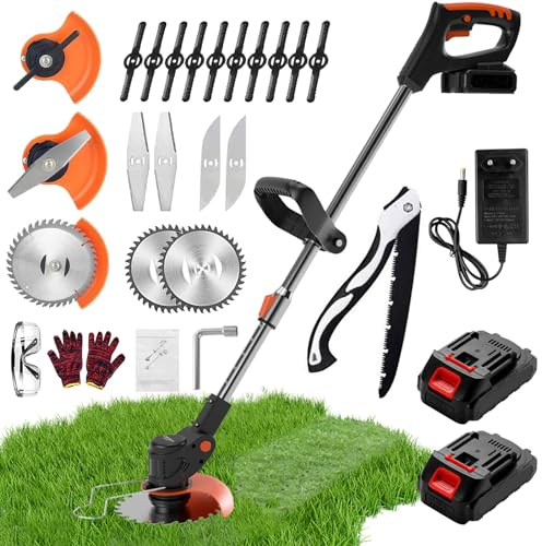 Gompuy - Canteadora eléctrica alimentada por batería (21 V, 2,0 Ah, cortabordes inalámbrico, con ruedas y 3 tipos de cuchillas, plegable, retráctil, cabezal giratorio en 90°, para poda en jardinería