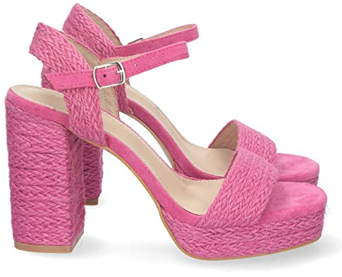 shoes&blues.es 74628 Sandalia de Tacon Alto para Mujer, Comodo, Forrado de Yute, Pala Fina, y Cierre de Hebilla Fucsia Talla 40