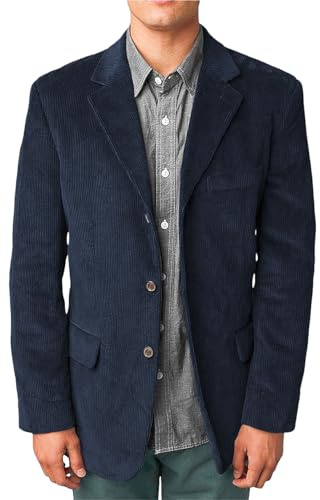 Wangyue - Giacca da uomo in corduroy, giacca casual da uomo, vintage, slim fit, a tre bottoni, con rever a spacco, giacca da abito, cappotto sportivo, Blu navy, 3XL
