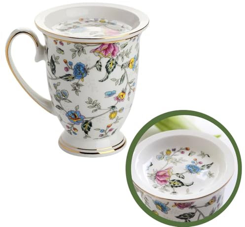 eKsdf 300ml Porzellan Kaffeetasse mit Deckel und Griff Bone China Tasse mit Blumenmuster Nachmittagstasse Premium Frühstückstasse Blumenbecher Teetasse (Berg Fuji)