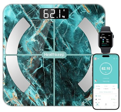 Balance Pèse Personne Numériques, Healthkeep Balance Connectée Bluetooth Impédancemètre avec 13 Données Corporelles pour APP Andriod et iOS Max 180kg/400lb, Vert