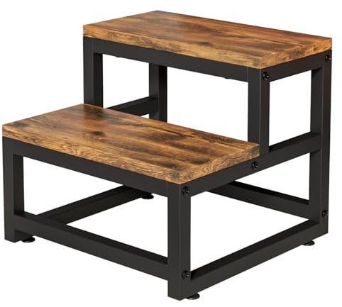 Escalón Infantil 2 Niveles - Taburete de Madera Sólida con Antideslizante | Torre de Aprendizaje Montessori + Escaleras para Camas Altas | Soporta 227kg (Marrón Rústico, 35_cm)
