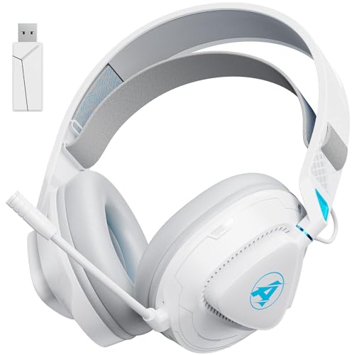Awinnasey Cascos Gaming Inalambricos de 2,4 GHz para PS5, PS4, Switch, PC, Mac, Ligeros Auriculares Gaming Inalambricos, Auriculares Bluetooth con Micrófono Desmontable, Batería de 50 Horas, Blanco