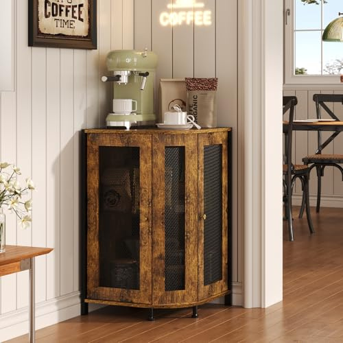 keomaisyto Coffee Bar Cabinet, 3-Tier Corner Coffee Cabinet with Storage Shelf & 18.7 Countertop, Rustic Wood Corner Bar Station with Magnetic Door for Kitchen/Entrance/Living Room/Dining Room