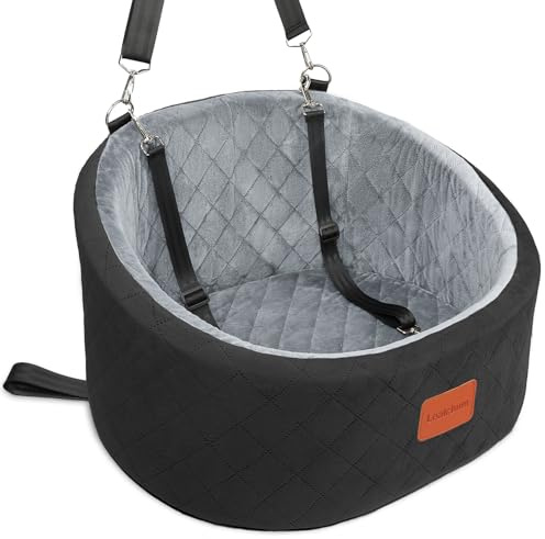 Lealchum Dog Car Seat for Small Dogs Up to 30 Lbs,Ultra Soft Fabric Fill in Comfy Memory Foam,Happy Pet Ride,2 Safety Dog Leashes,Fully Detachable and Washable,Anti Slip Base(Black/Grey)