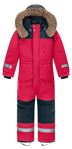 L SERVER Traje de esquí para niños con capucha, resistente al viento, impermeable, mono de nieve para niña, traje de nieve cálido, mono de esquí grueso con rayas reflectantes, rojo, 152-158