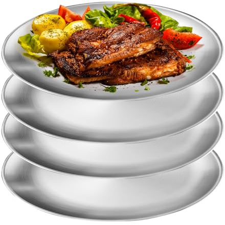 WANDGU rostfritt stål runt porslin: 4 stycken 23 cm fat rostfritt stål tallrikar, middag porslin set, stabil tallrik i rostfritt stål för camping picknick, vandring, kök, fest