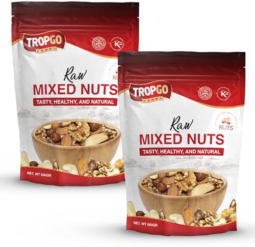 Tropgo Noix Mélangées Crues - 500g de Snacks aux Noix - Lot de 2 - Noix Fraîches et Saines Riches en Fibres & Minéraux - Parfaites pour le Grignotage - Contient Amandes, Noix du Brésil, Noix de Cajou,