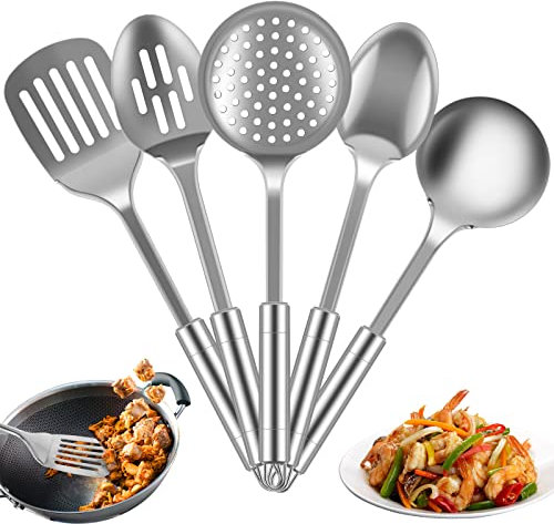 5Pcs Kitchen Cooking Utensils Set Stainless Steel Spoons Spatula Set with Ergonomic Handle Heavy-Duty Spoons Utensils with Hanging Hole Kitchen Gadgets Tools Set for Cooking
