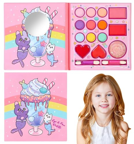 14 Colors Kids Makeup Sets for Girls, Non-Toxic Kids Makeup Set with Mirror and 2 Washable Brushes, Pretend Makeup Games Toys, Girls Birthday