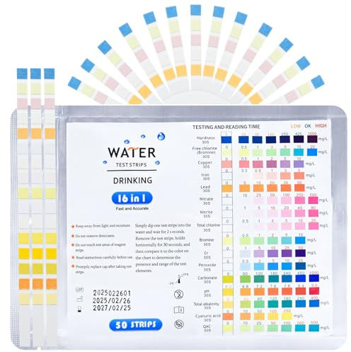 JGCJGG 50pcs Tester d'Acqua Potabile 16 in 1, Test Acqua Potabile, Strisce Reattive per Acqua Potabile, Fdurezza Acqua Tester per Durezza Totale, Cloro Libero, Ferro