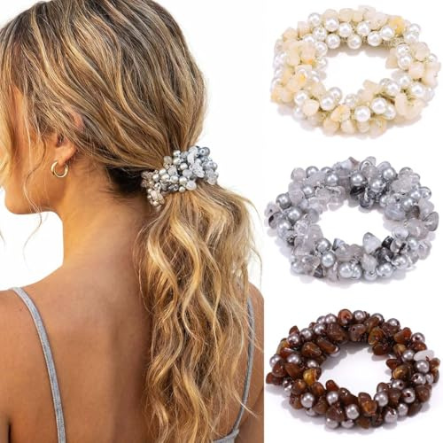 Reaky Lazos elásticos para el pelo de perlas, color beige, 3 unidades, accesorios elásticos para el cabello para mujer