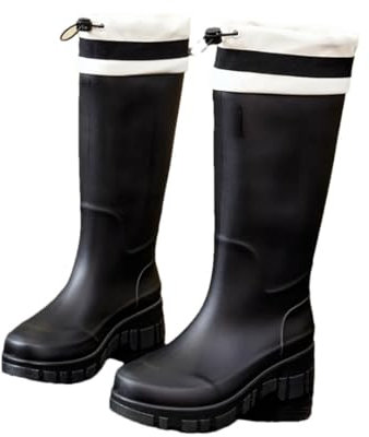 Stivali da pioggia da donna con suola spessa con risvolto alto cilindro scarpe impermeabili per campeggio e pesca, Nero , 39 EU