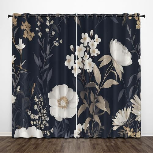 Lot de 2 Rideau Occultant Thermique Isolant, Fleurs Blanches Anti Froid et Chaleur 140x180 cm Tenture Opaque à Oeillets, Fleurs Sauvages Vignes Isolation Decoration Chambre Salon Intérieurs