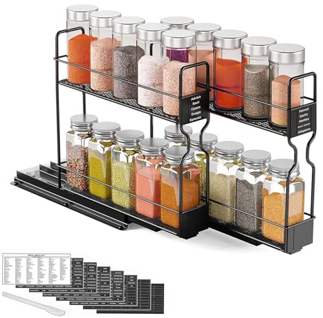 2-Tier Pull Out Spice Rack Organizer for Kitchen Cabinets - Includes 30 Waterproof Labels & Chalk Marker | Smooth Gliding Ball Bearing Drawer System, Space Saving Vertical Design (26x13x25cm, Black)