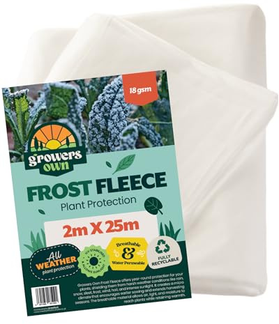 Growers Own Frost Fleece - 2m x 25m All Weather Plant Protection From Rain, Snow, Frost & Intense Sunlight. 18 GSM Crop Cover Made from UV Stabilised, Water Permeable & Breathable Fabric. 1 Pack