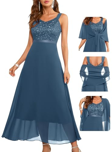 BeryLove Sequin Wedding Guest Prom Dress Formal Elegant Flowy Glitter Cocktail Special Occasion Evening Dresses Chiffon Long Bridesmaid Gowns 7079 Grey Blue 3XL