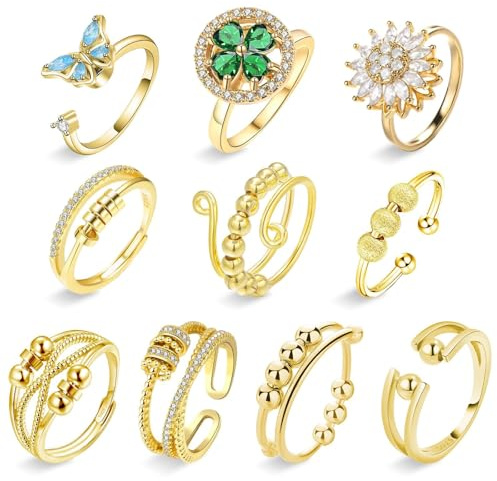 Eniyou 10 PCS Anello Antistress Donna AnelliAnsia Anelli Antistress Donna Anelli Anti Stress Regolabile Anello per Donna di Ansia Regalo per Donne e Ragazze
