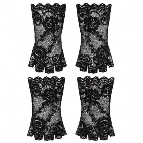 CDQZAIKEJI 2 Pairs Gants en dentelle pour femme, Mitaines Élégantes Noires Style Vintage, Gants Lace pour Mariage, Soirée, Opéra, Cosplay, Halloween et Accessoire Costume Chic