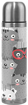 Mnsruu Isolierflasche, Katze Thermosflasche Wasserflaschen Edelstahl Trinkflaschen Doppelwandig Auslaufsicher Vakuum Reise Echtes Leder Abdeckung 500ml