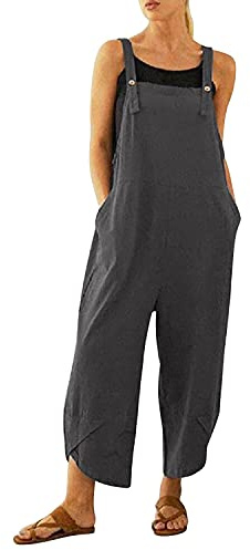 Runstarshow Womens Linen Overalls Baggy Adjustable Strap Sleeveless Jumpsuit Playsuit Bib Pants Dungarees with Pockets