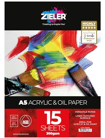 Zieler® Linen - Cuscinetto per pittura ad olio, 260 g/m², 15 fogli, superficie strutturata e senza acidi, ideale per pittura acrilica e ad olio, prodotto nel Regno Unito (A5)