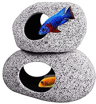SpringSmart 2-Pack Stackable Ceramic Aquarium Caves - Large & Small Fish Tank Hideout Rocks with Holes for Betta, Shrimp, Small Fish to Hide, Breed, Play, Natural Decor Set