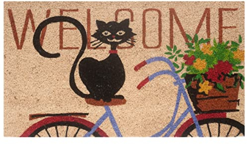 Baroni Home Zerbino da Esterno Ingresso Casa in Cocco Dipinto a Mano 70x40 cm Facile da Pulire e Super Resistente, (Gatto su Bicicletta)