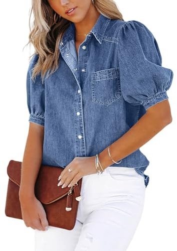CHARTOU Women's Casual Washed Distressed Puff Sleeve Denim Snap Button Shirt Jean Jacket Coat (Medium, Blue)