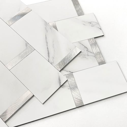 M MOFIT Stick on Wall Tiles Splashback Kitchen Bathroom White Silver 10pcs