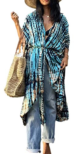 HYUET Copricostume da Bagno Donna Mare, Elegante Kimono Lungo Tie Dye Donna Estivo Abito da Spiaggia Bikini Cover Up Cardigan Maniche Lungo Vestito Boho Kaftan Tunica Top per Vacanza