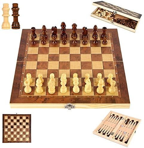 YongHang Schack Träschackset 3 i 1 bärbart vikbart schackbräde Schackspel Chess Board Set for Party Family Activities Children Adults Travel
