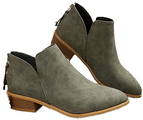 JITUUE Ankle Booties for Women,Women's Casual Dress Low Heeled Booties. V Cut Fashion Thick Heel Design Shoes(Army green,US 9