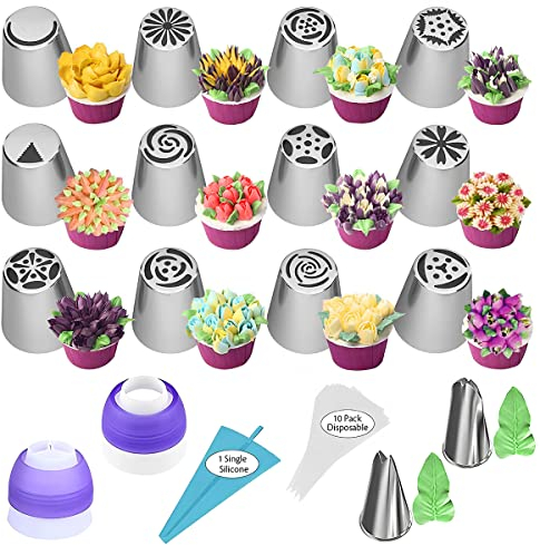 27 Pezzi Set di Beccucci Sac a Poche Professionali,Riutilizzabile Sacca a Poche per Dolci,14 Beccucci Grandi in Acciaio Inox,Beccucci Russi Fiori Decorative Accessori per Dolci Pasticceria Torta