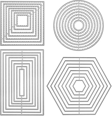 4 stycken stansmallar, geometriska set, stansformar, kvadratiska, rektangulära, cirkelram, sexkantig, skärning, prägling, mallar, stansar, för gör-det-själv, scrapbooking, album, kort, pyssel