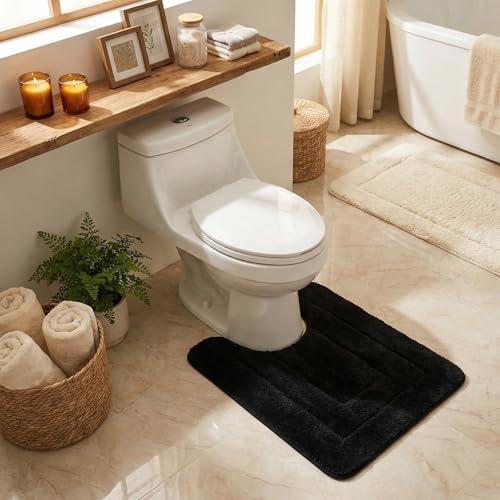 GRANNY SAYS Bathroom Toilet Rugs U Shaped, Bath Mats for Bath, Bathroom Rugs Non Slip Washable, Absorbent Microfiber Toilet Mat, Soft Plush Shaggy Bath Carpet, 20 x 24, Black
