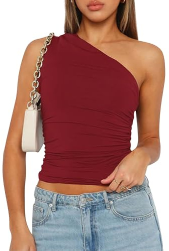 YILEEGOO Kvinnor Sexig Ärmlös One Shoulder Crop Tank Tops Rynkad Tight Smal Passform Y2K Väst Topp Trendig Cami Gå ut Toppar, Z1 Vinröd, L