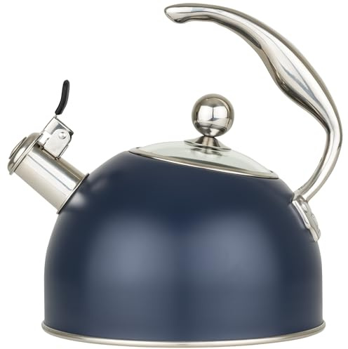 Viking 3-Ply Stainless Steel Tea Kettle, 2.6 Quart Stovetop Hot Water Pot with Tempered Glass Lid, Ergonomic Handle, Induction Ready, Slate and Blue