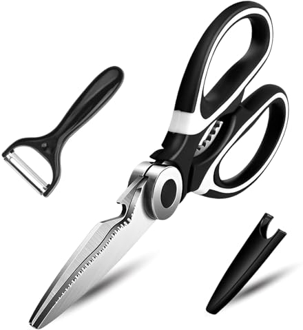 KISUOMAOYI Heavy Duty Kitchen Scissors, Sharp Multipurpose Utility Stainless Steel Scissor, Kitchen Shears for Chicken, Meat, Vegetables, Herbs, BBQ,Bottle Opener,Paired with a Black Peeler（Black）
