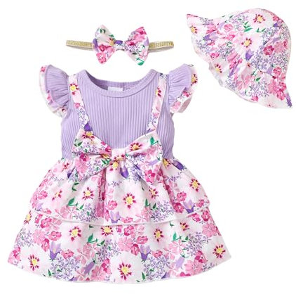 QUNERY Newborn Baby Girl Clothes Ruffled Floral Print Dress Summer Outfits Cute Skirt Set Purple 6-12 Months