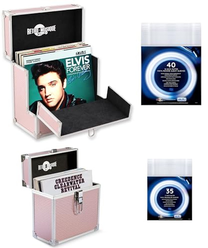 Retro musique Custodia in alluminio per dischi in vinile da 30,5 cm con patta frontale pieghevole per un migliore accesso ai tuoi LP, contiene fino a 40 LP (in custodia in PVC), include 40 custodie