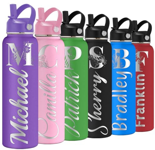 YanNanKe Bottiglia d'acqua personalizzata per bambini e adulti con coperchio con cannuccia 12 18 24 32 40 oz Bottiglie d'acqua personalizzate con monogramma con nome inciso isolato in acciaio